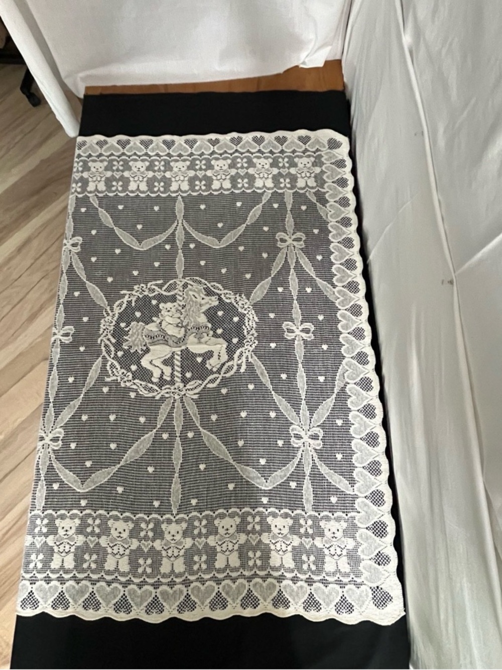 Vintage Handmade White Lace Table Runner with Carousel Horse Motif